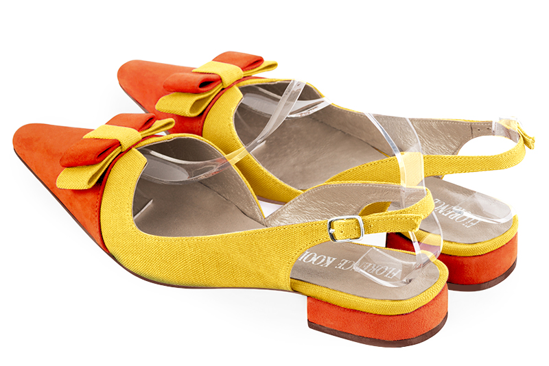 Clementine orange and yellow women's open back shoes, with a knot. Tapered toe. Flat block heels. Rear view - Florence KOOIJMAN
